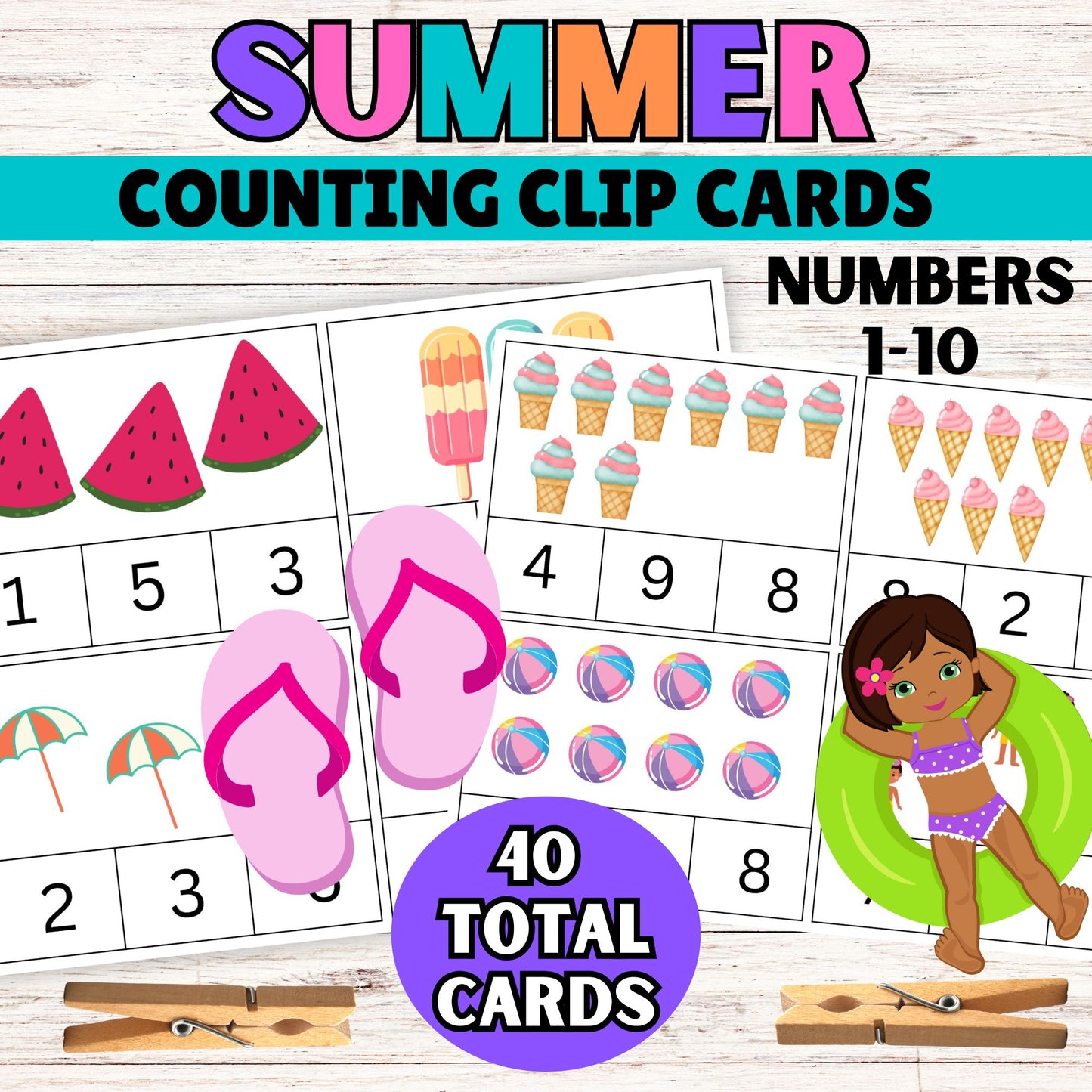 Summer Toddler Math Counting clip Cards - Printable Summer Clip Cards Toddler