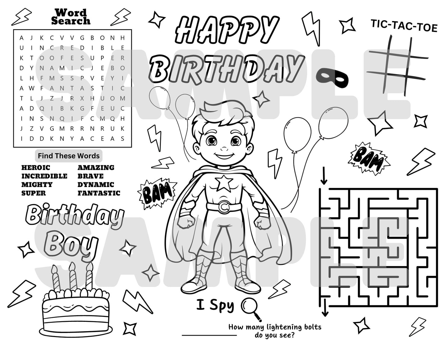superhero birthday word search, super hero coloring page