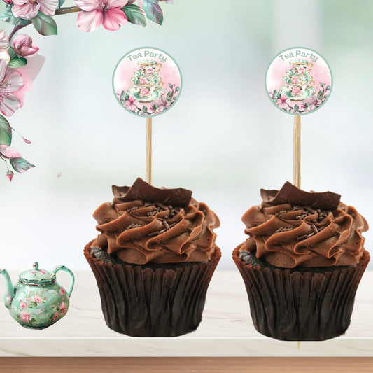 Tea Party Cupcake Toppers - Cute Mint Green and Rose Tea Party Cupcake Toppers