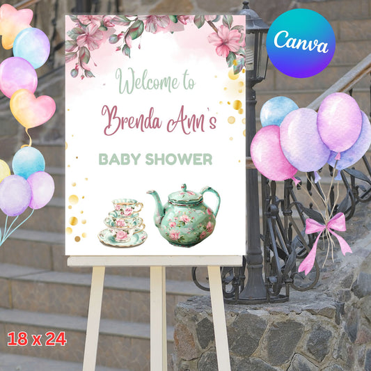 Tea Party Baby Shower Welcome Sign Poster Template - Tea Party Baby Shower Party