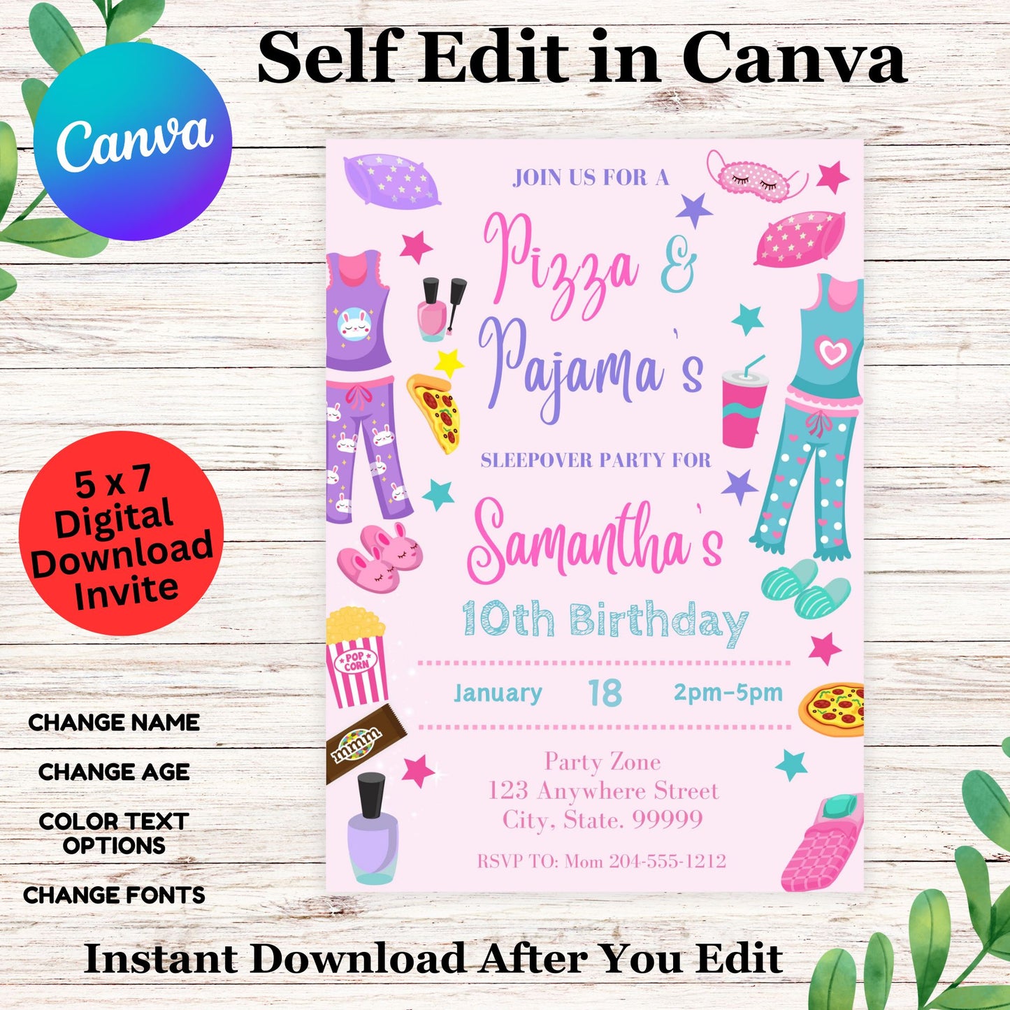 Pizza & Pajama's Sleepover Birthday Party Invitation Template - Slumber Party Invite Template