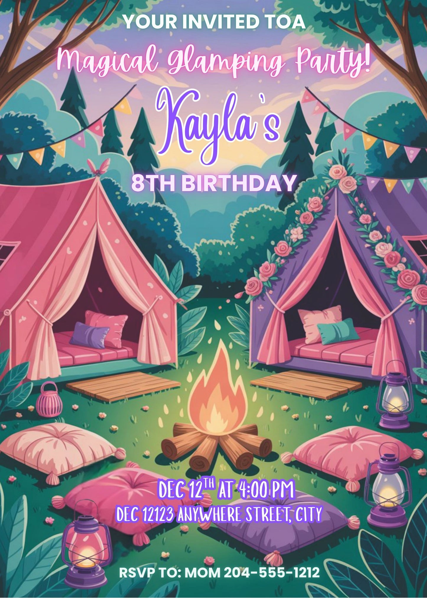 glamping birthday invitation" for ages 8–12