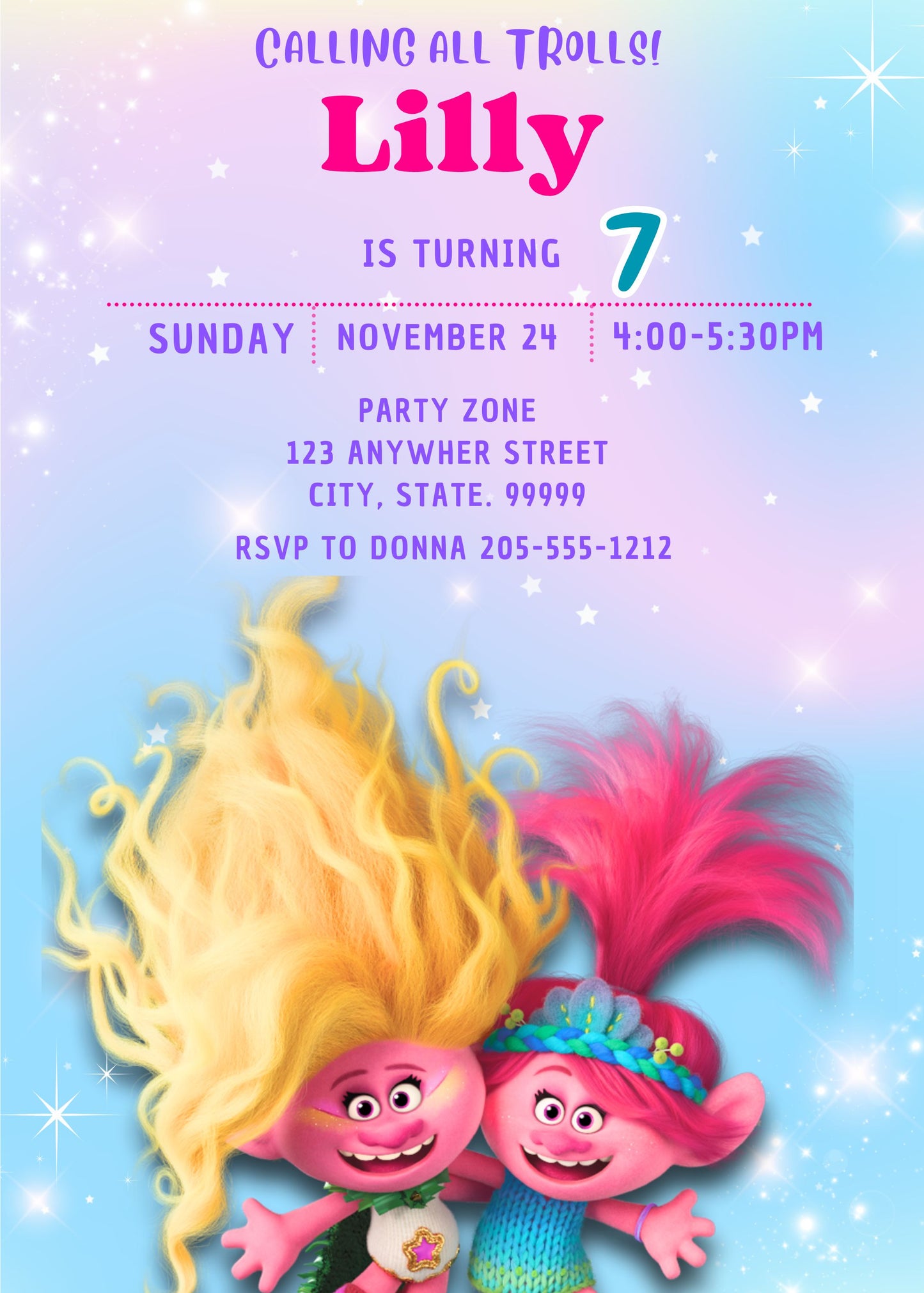 trolls girl birthday invite