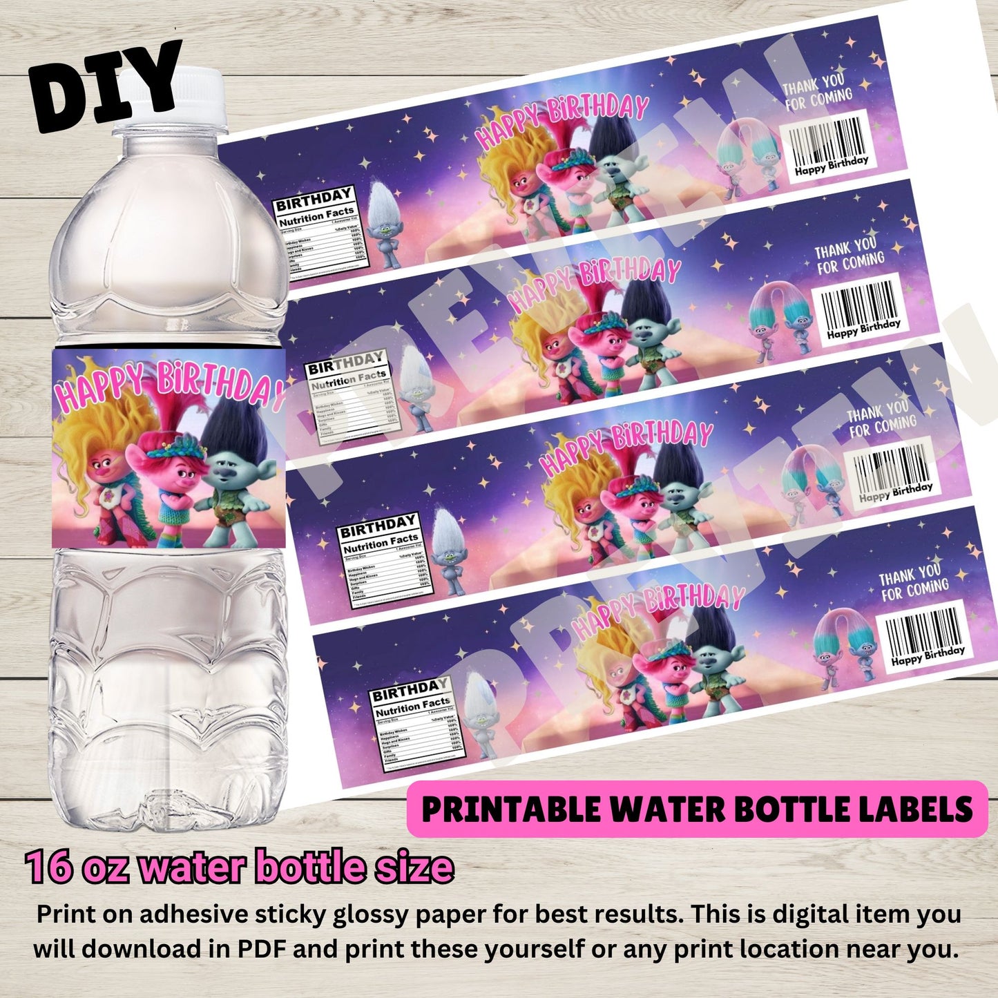 Labels For Trolls Party - Water Bottle Label - DIGITAL DOWNLOAD - Printable - TROLLS Birthday Supplies