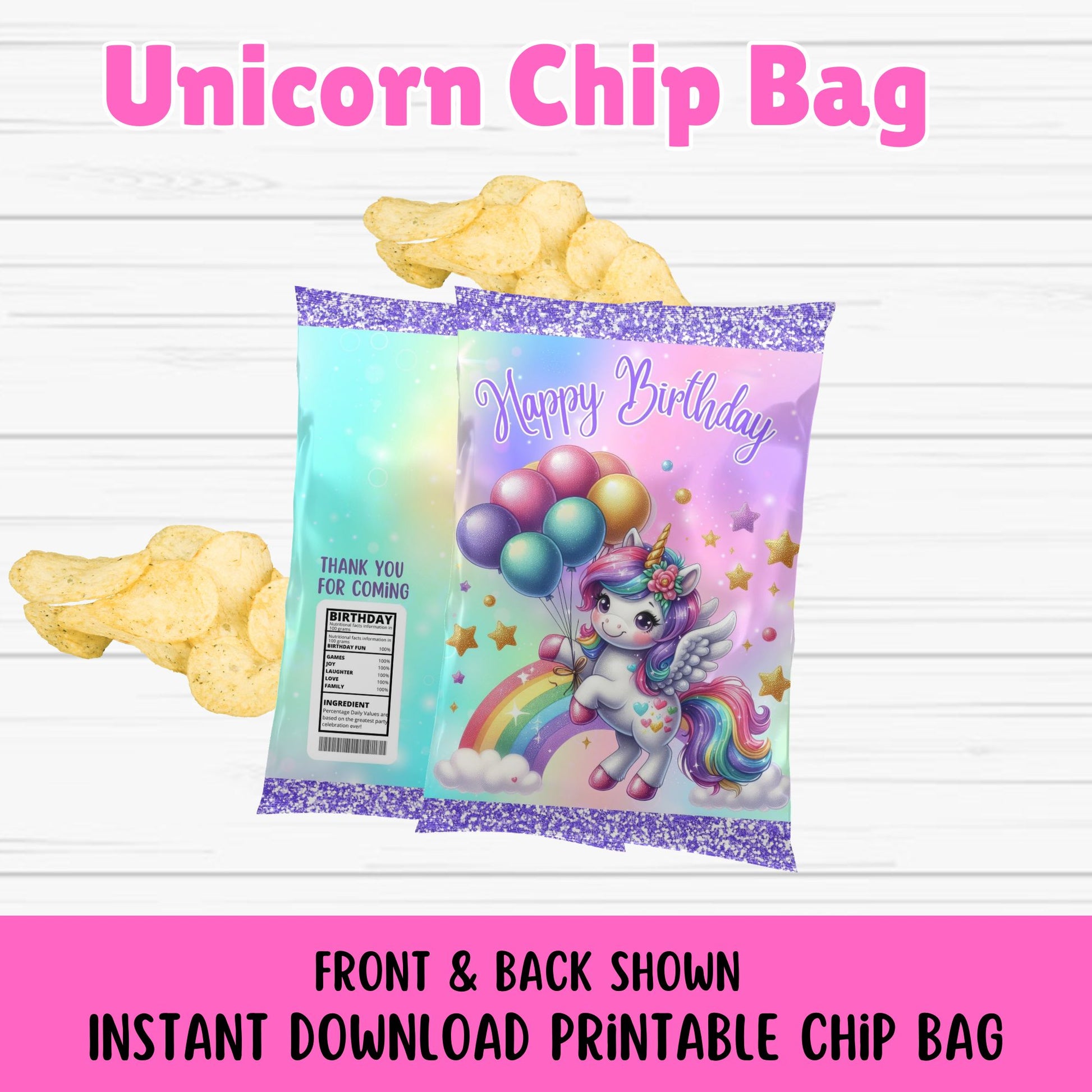 Unicorn Birthday Chip Bag - Printable Unicorn Chip Bags- Instant Download