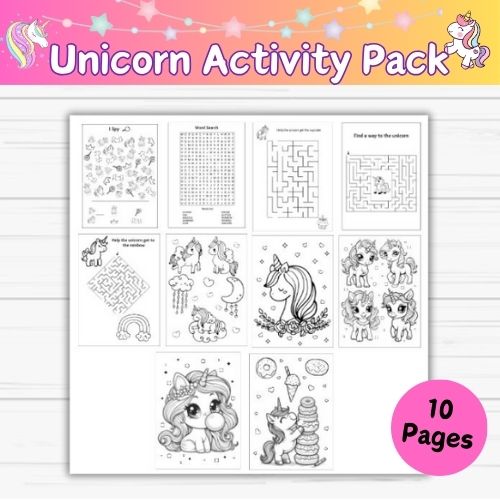Unicorn Activity Coloring Packet for Kids- Digital Download