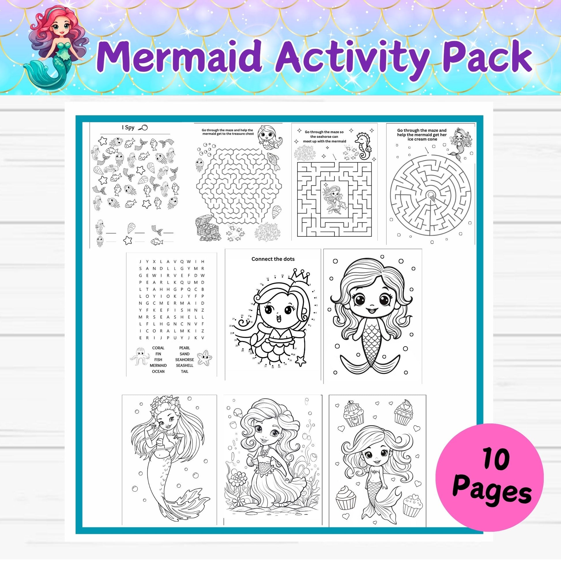 Mermaid Activity Coloring Packet for Kids- Digital Download