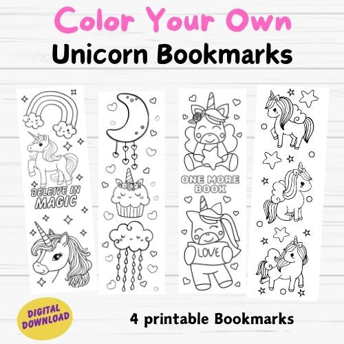 Unicorn Coloring Bookmarks for Kids- Digital Download