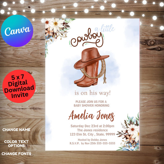 A Little Cowboy Baby Shower Invitation Template - Cute It's a Boy Cowboy Baby Shower I