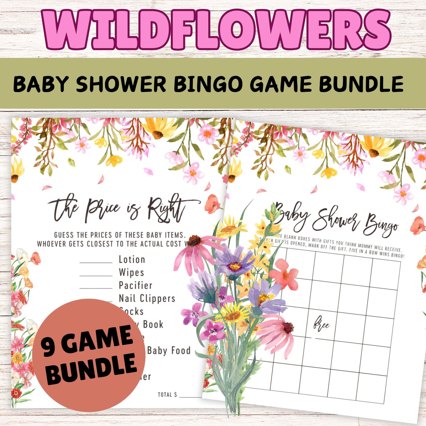 Wildflower Baby Shower Game Bundle- Printable Wildflower Baby Shower Bingo Games