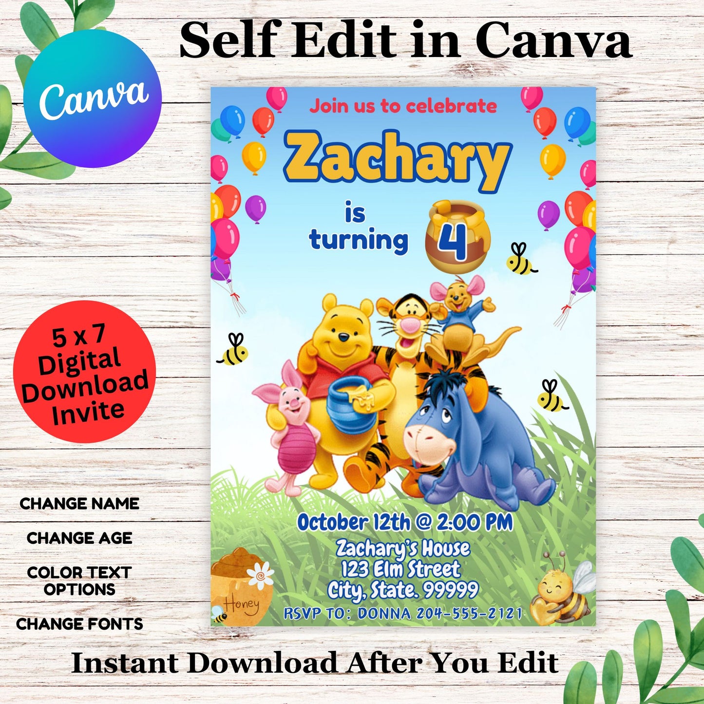Winnie the Pooh Birthday Invitation Template- Winnie Invite Editable in Canva
