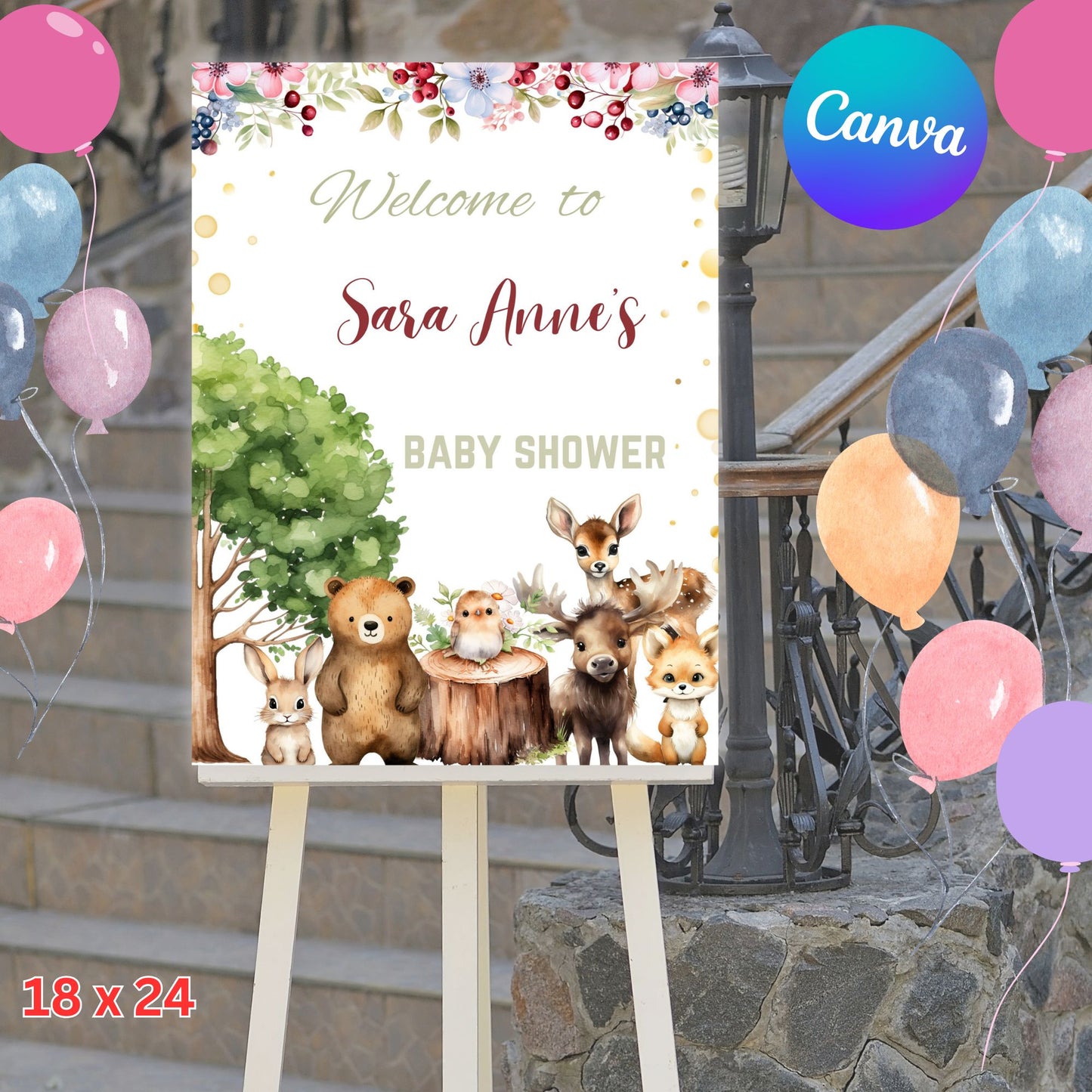 Woodland Baby Shower Welcome Poster Template - Girl Baby Shower Woodland Sign Printable
