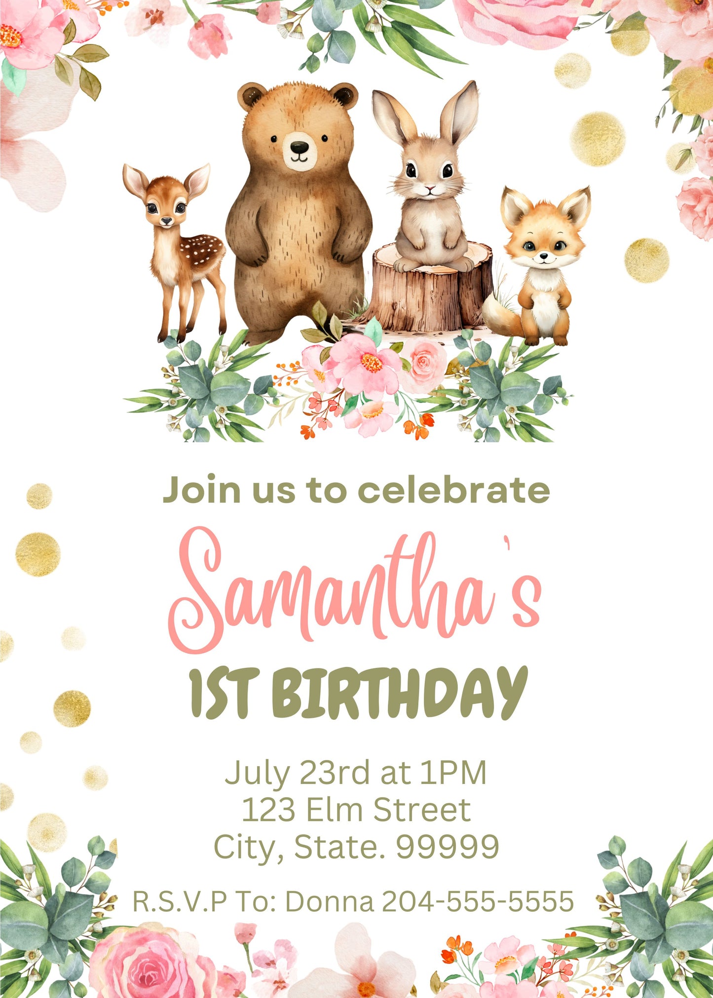 baby girl woodland birthday invitation