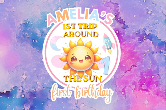 a cute personalized 1st trip around the sun cake topper great for galaxy boho themed first birthdayr 