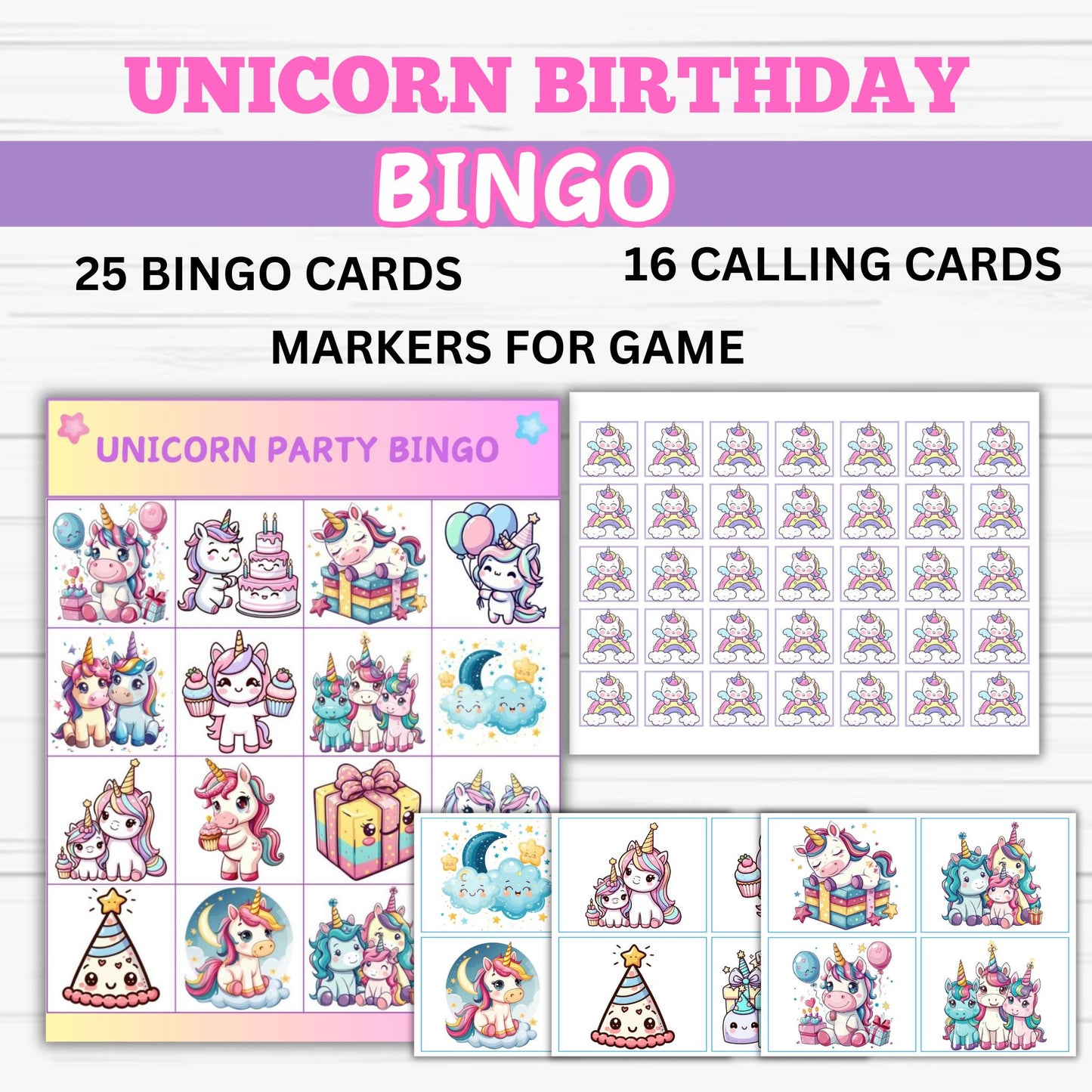 unicorn birthday party ideas, unicorn bingo, unicorn printables 