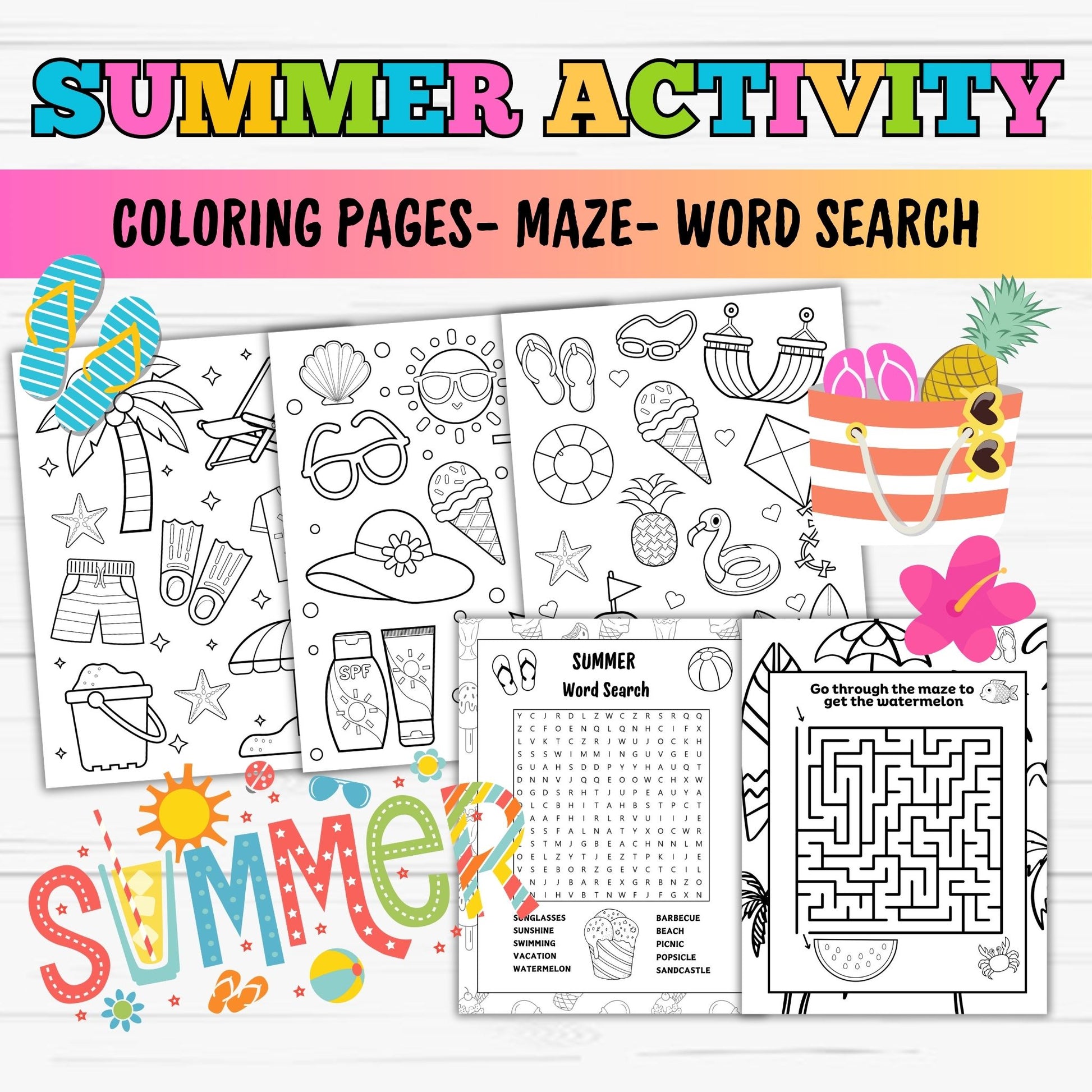 Summer Kids Coloring Activity- Summer Word Search - Printable Download