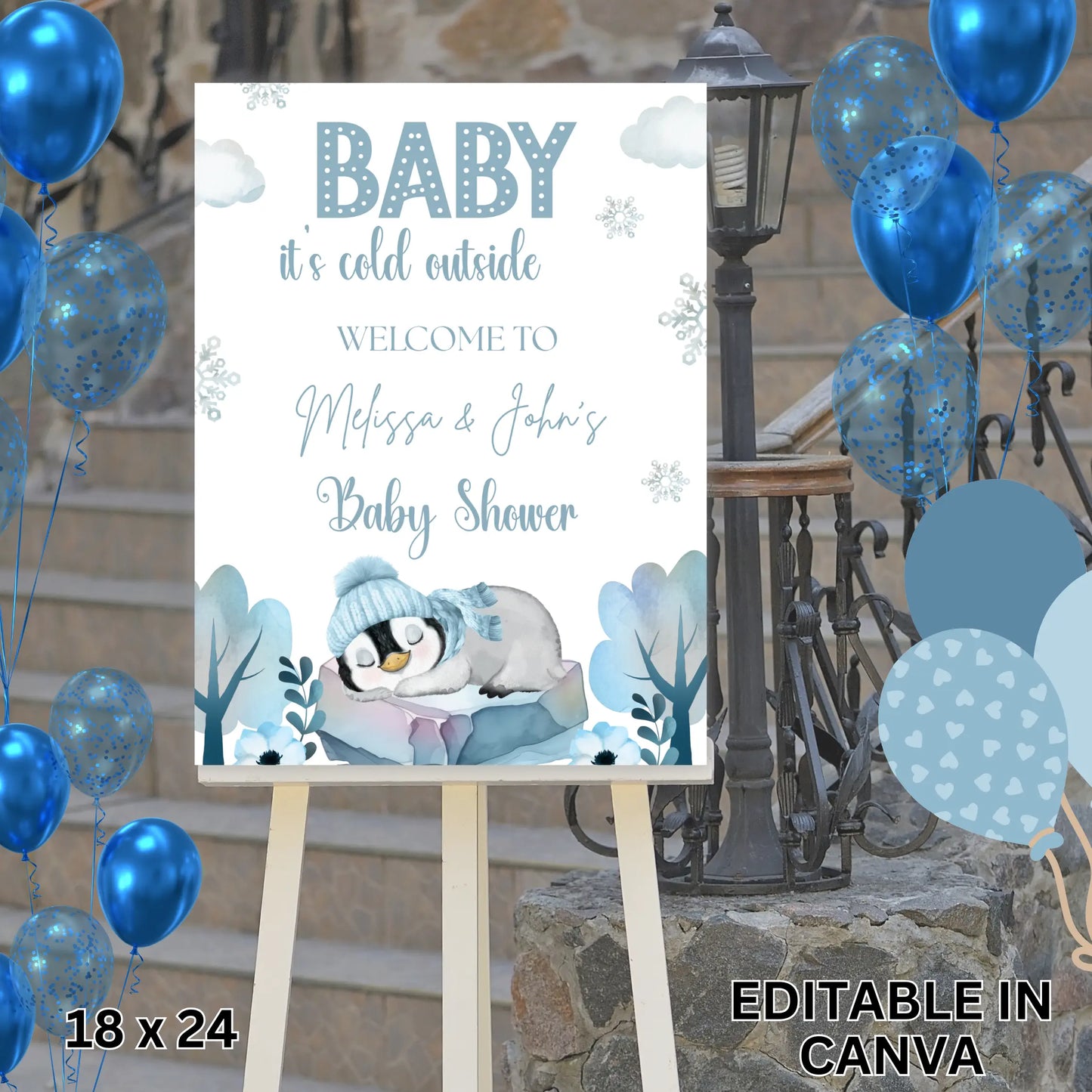 Editable Blue Winter Penguin Baby Shower Welcome Sign Template, "Baby It's Cold Outside" Poster, Boy Winter Wonderland Decor, Instant Download Girly Girl Tutus