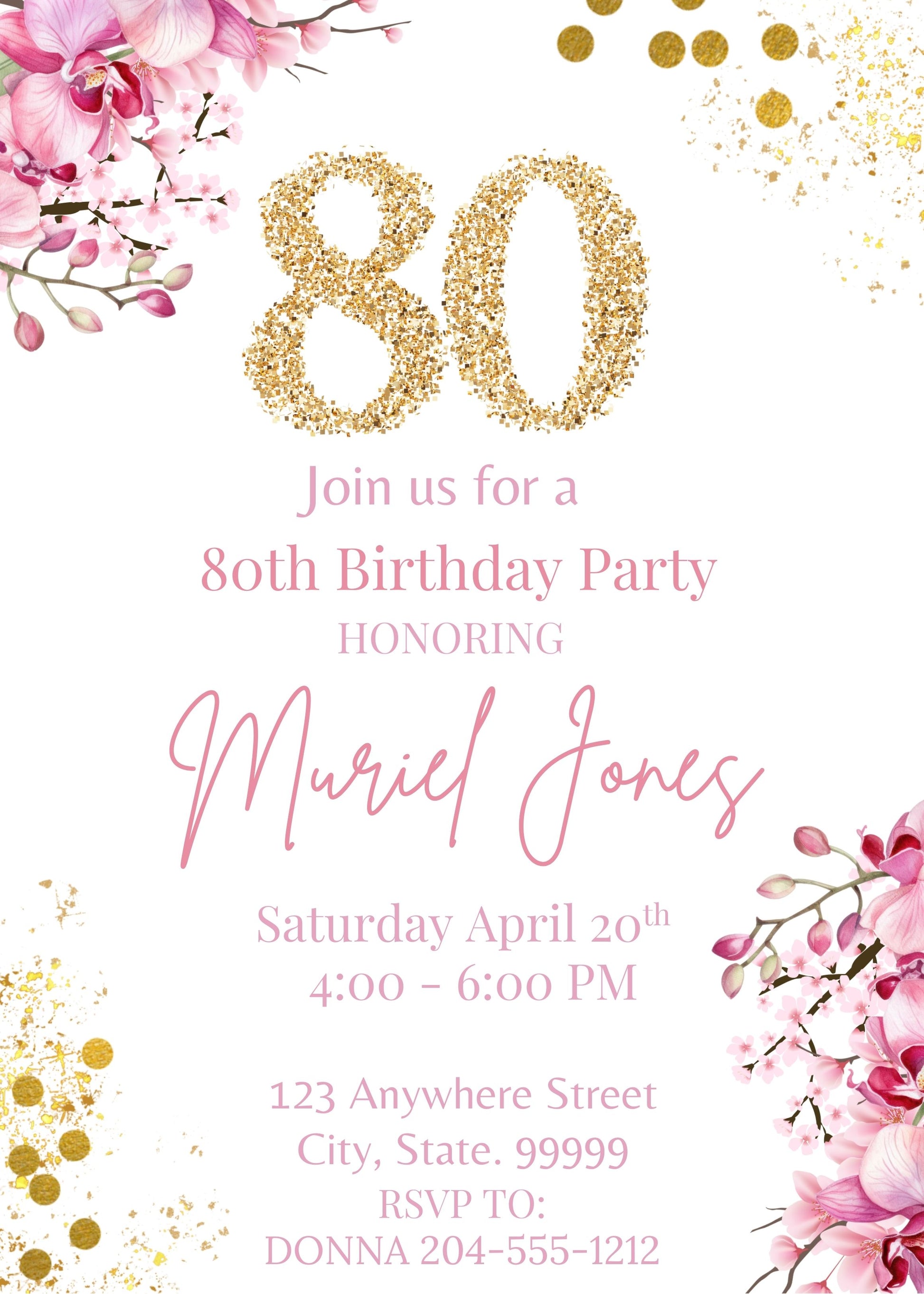 woman's personalized 80th birthday invite template 