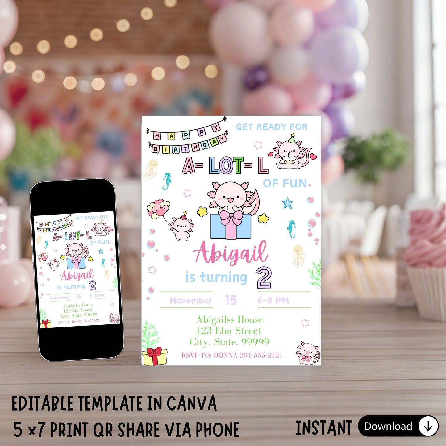 Watercolor pink axolotl birthday invitation template with "A-lot-l Fun" text on 