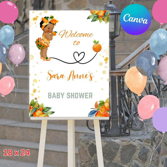Editable Afro Baby Little Cutie Welcome Sign - A Little Cutie is on Her Way Orange Citrus Baby Shower Poster - African American Girl Shower Decor