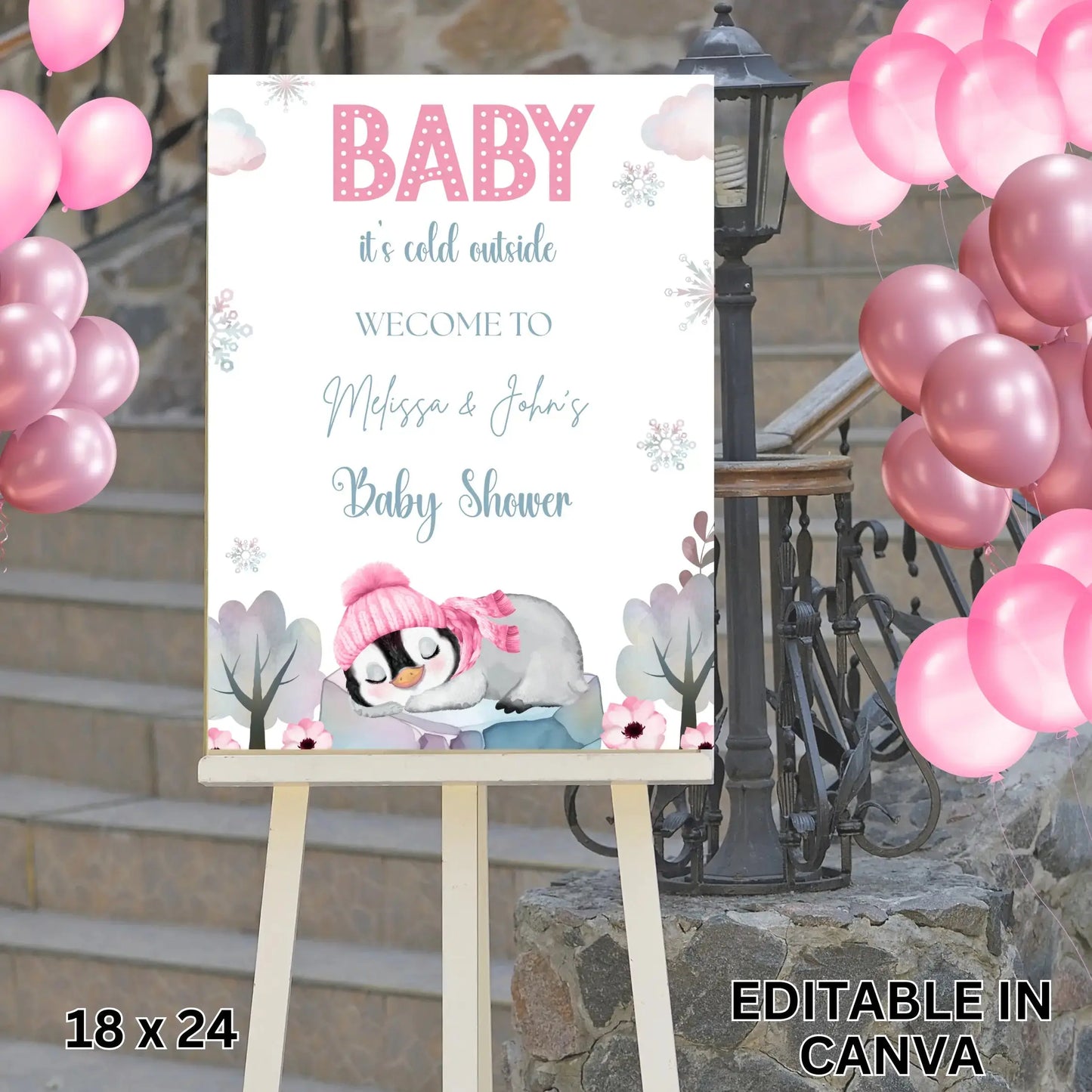 Editable Pink "Baby It's Cold Outside" Baby Shower Welcome Sign Template, Girl Winter Wonderland Christmas Holiday Welcome Poster, Snowflake Decor