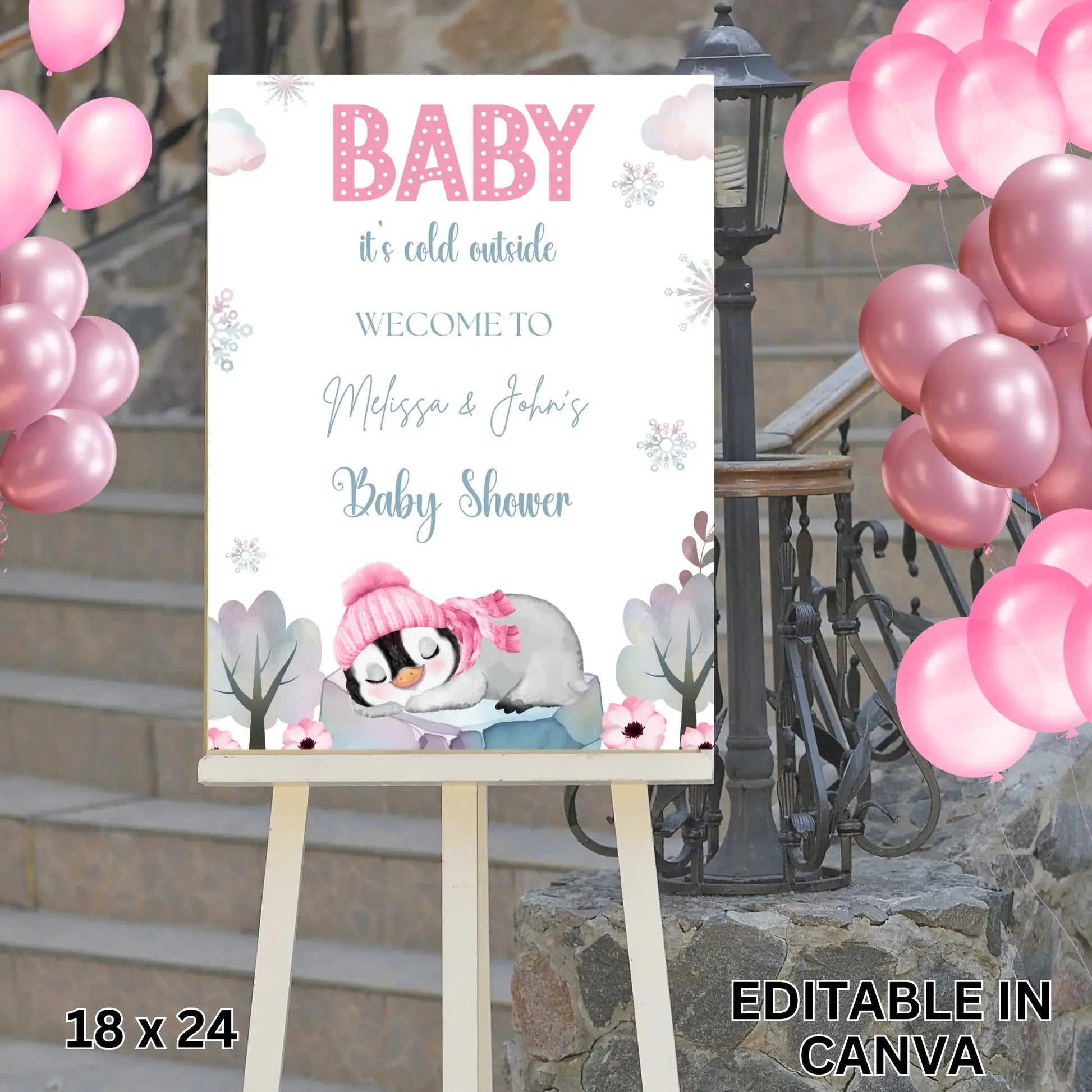 Editable Pink "Baby It's Cold Outside" Baby Shower Welcome Sign Template, Girl Winter Wonderland Christmas Holiday Welcome Poster, Snowflake Decor
