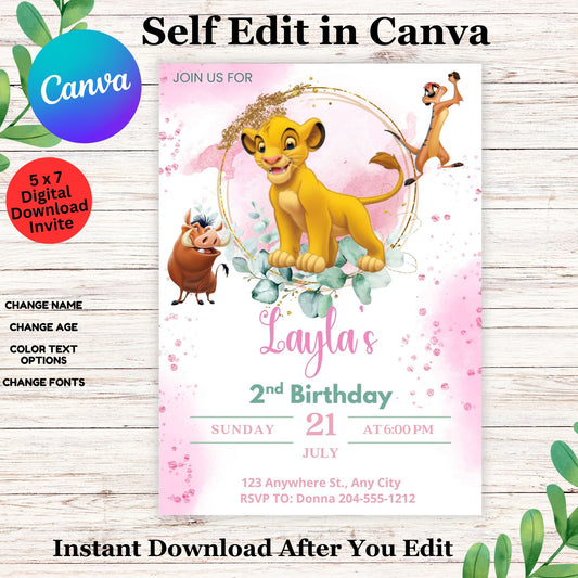 Pink Girl Lion King Birthday Invitation Template - Editable Girl Lion King Party Invite