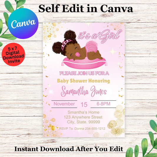 Black Princess Baby Shower Invitations Template - Editable Black Pink Princess Baby Shower Invite 