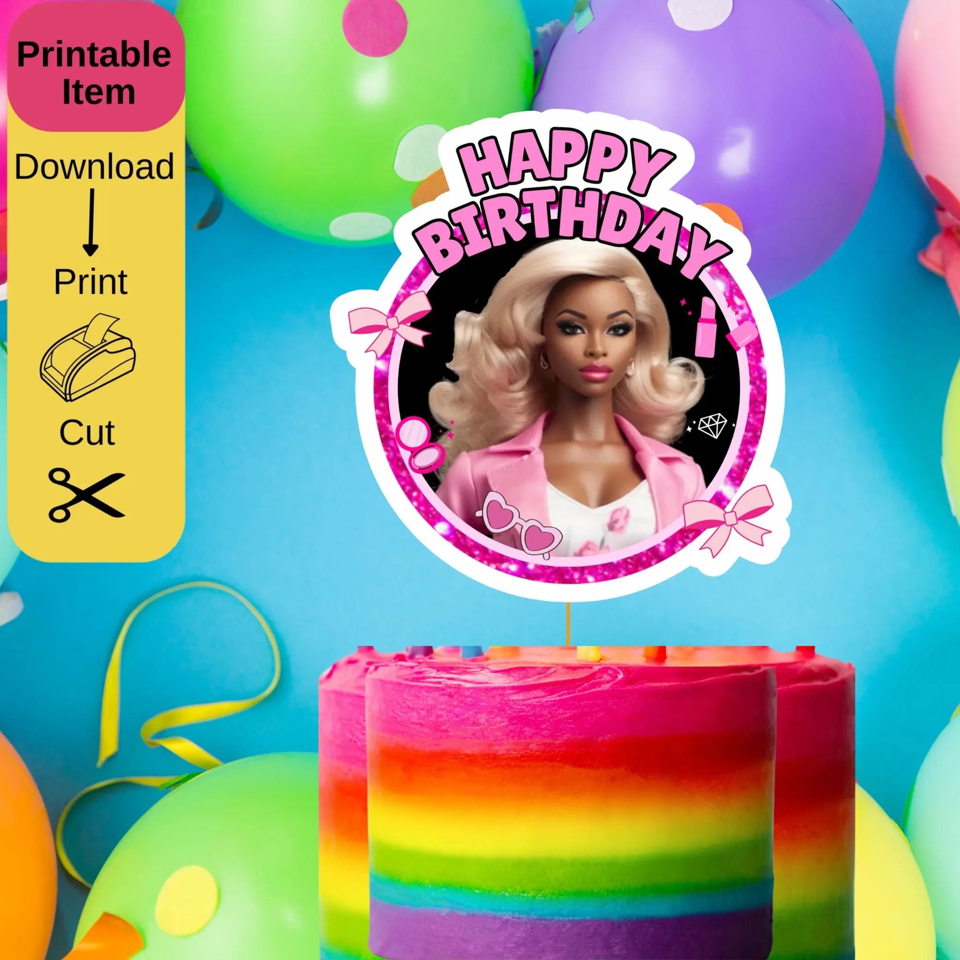 Editable Black Doll Cake Topper Printable - African American Girl Birthday Party Decor - Black Girl Magic Cake Decoration - Instant Download PNG

