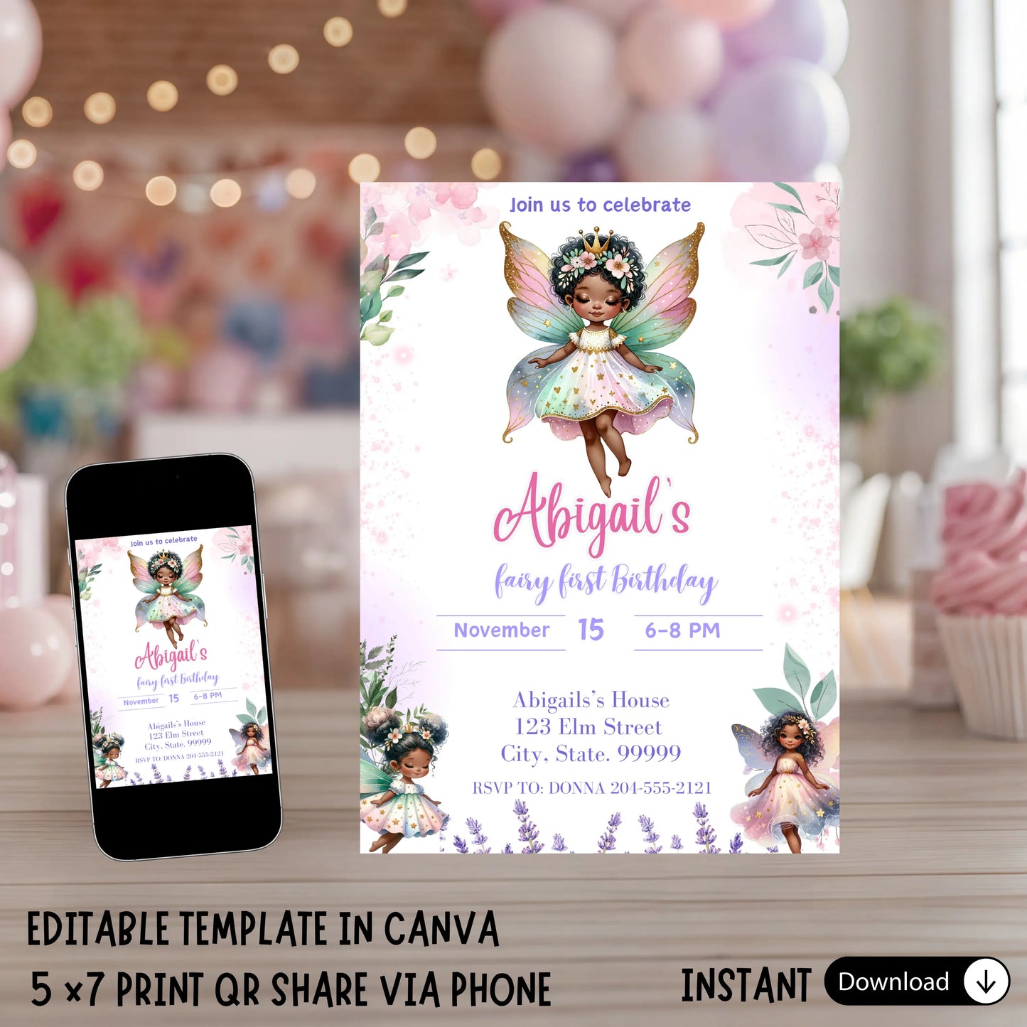 Editable African American Fairy First Birthday Invitation, Magical Black Girl 1st Birthday Invite, Pastel Fairy Garden Princess Template, Instant Download