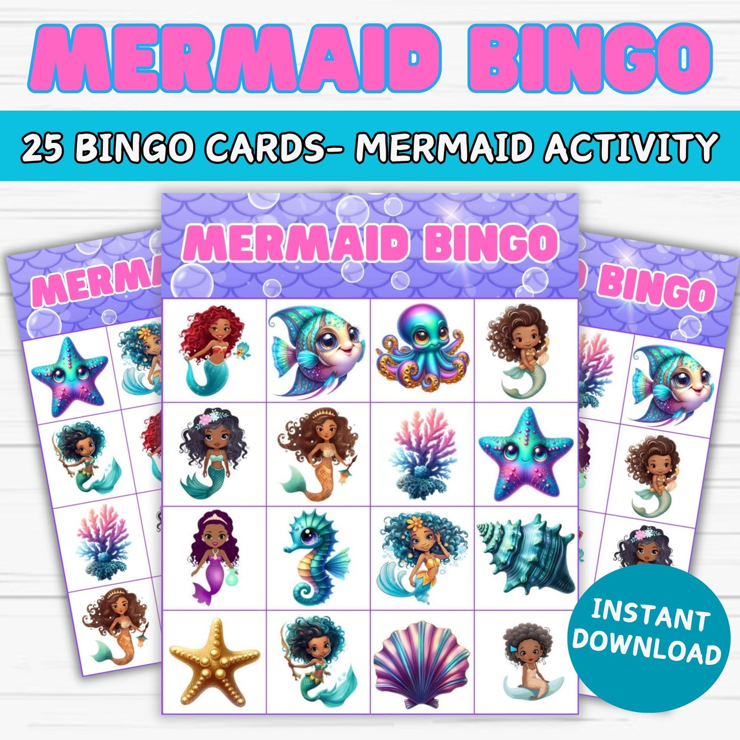 Printable Black Mermaid Bingo Game - Printable Card Set for Kids & Adults- Instant Download 