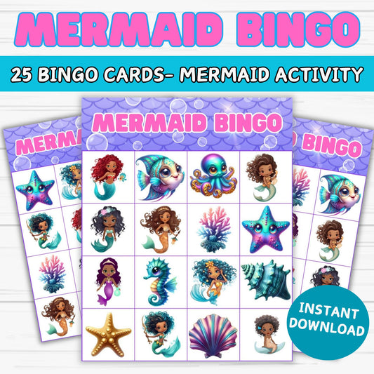 Printable Black Mermaid Bingo Game - Printable Card Set for Kids & Adults- Instant Download 