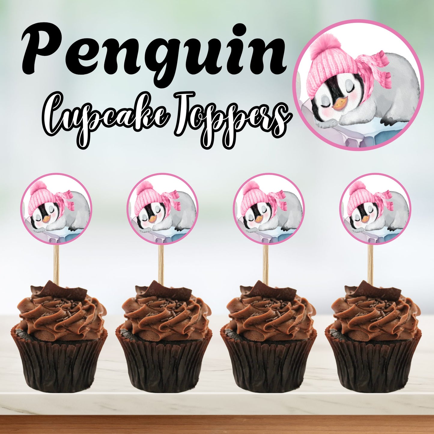 Pink Penguin Baby Shower Cupcake Toppers, Winter Wonderland Printable Decor, "It's a Girl" Instant Download, Snowy Arctic Party Circles"