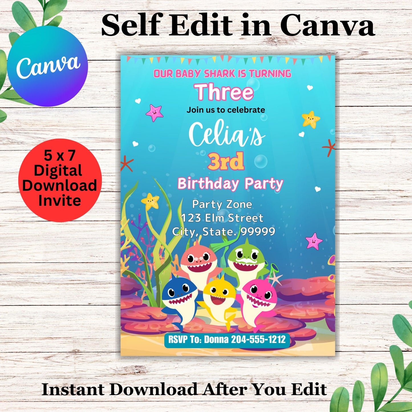 Editable Baby Shark Birthday Invitation Template | Doo Doo Doo Party Invite | Under the Sea Theme | Canva Digital Download