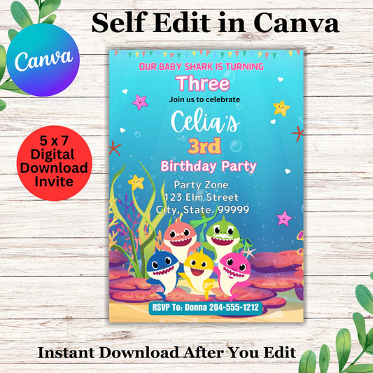 Editable Baby Shark Birthday Invitation Template | Doo Doo Doo Party Invite | Under the Sea Theme | Canva Digital Download