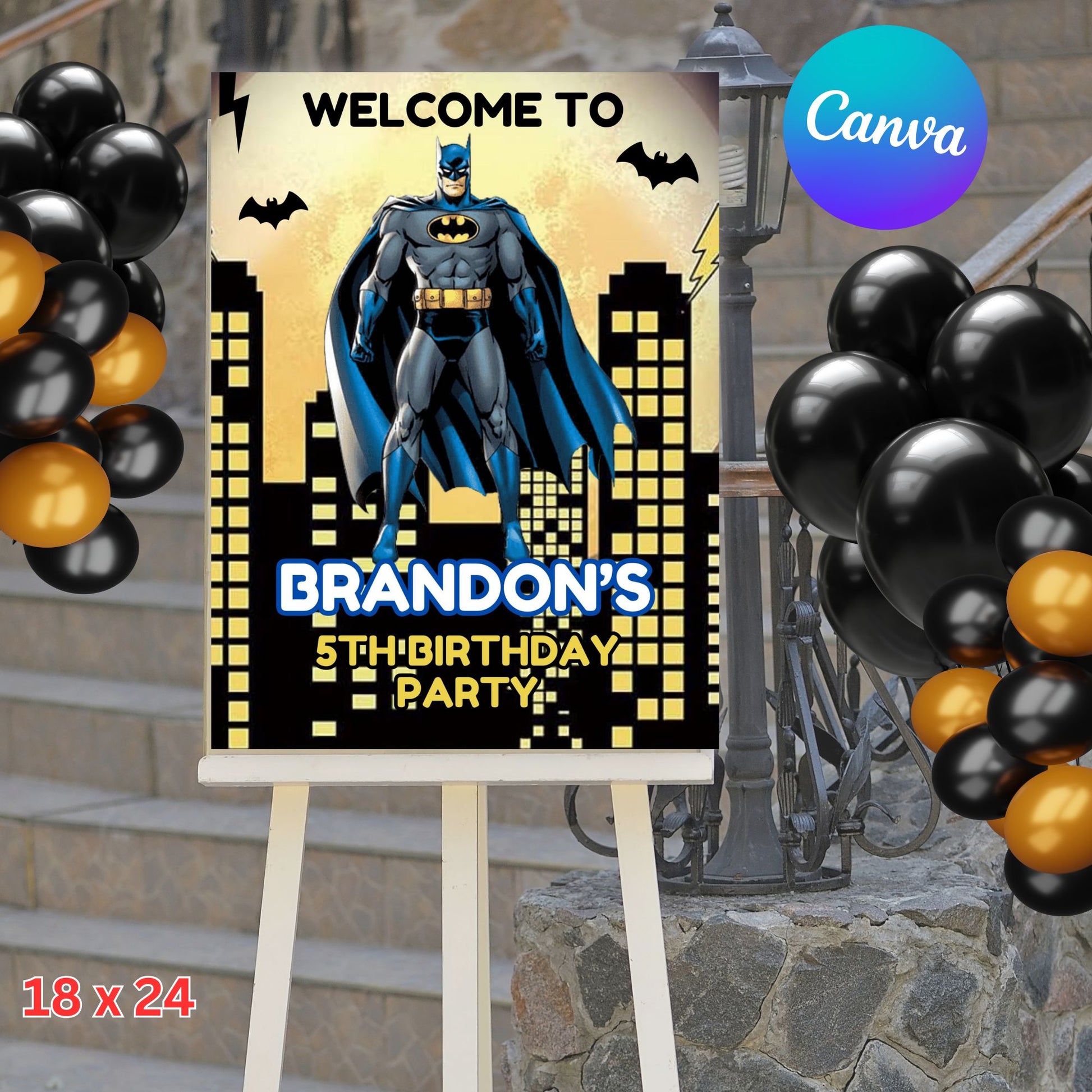 Printable Batman Welcome Sign Template | Editable Superhero Birthday Party Poster | Digital Download Decor | Gotham City Theme | Custom Canva File
