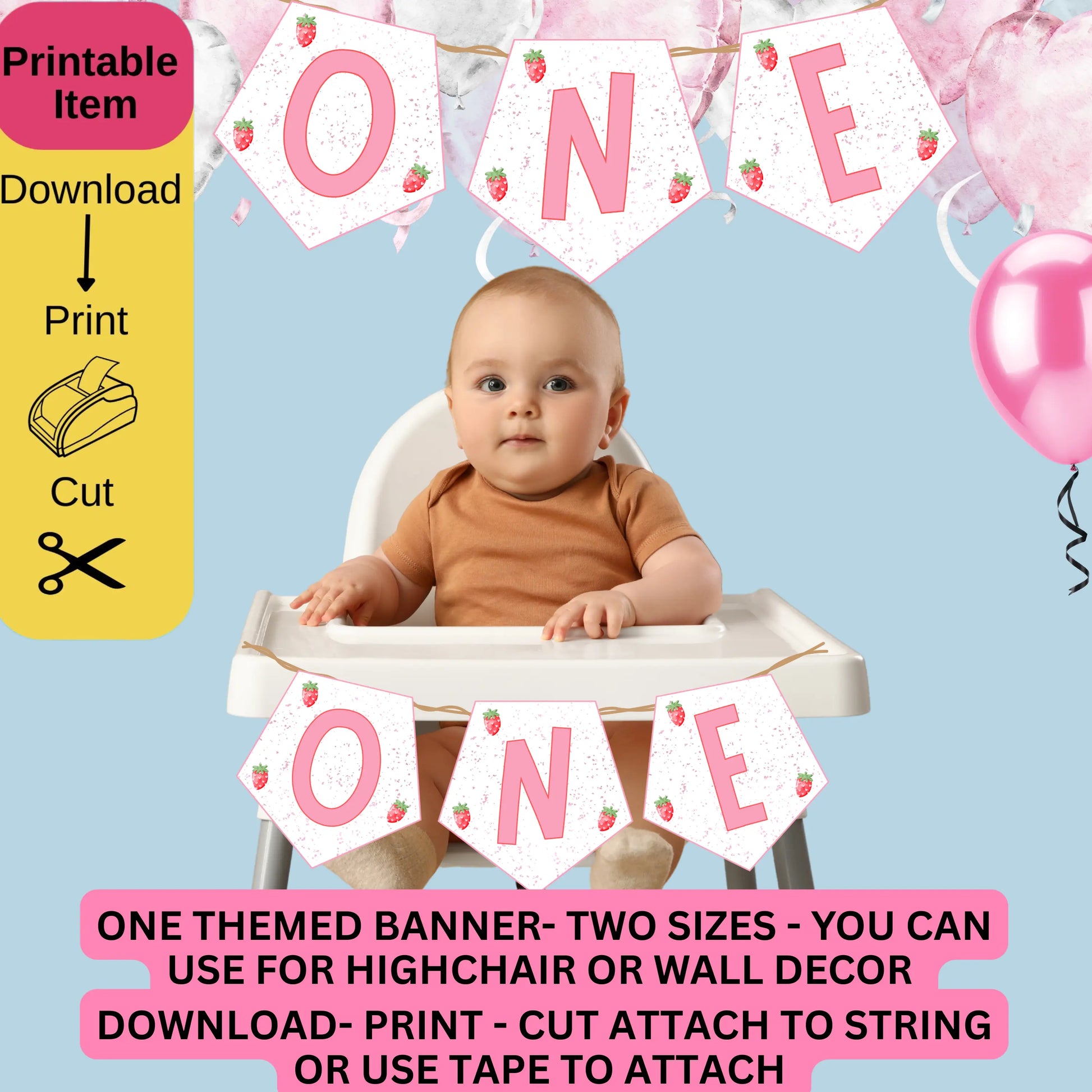 My Berry First High Chair Banner Printable, Red Gingham One Pennant for Smash Cake"