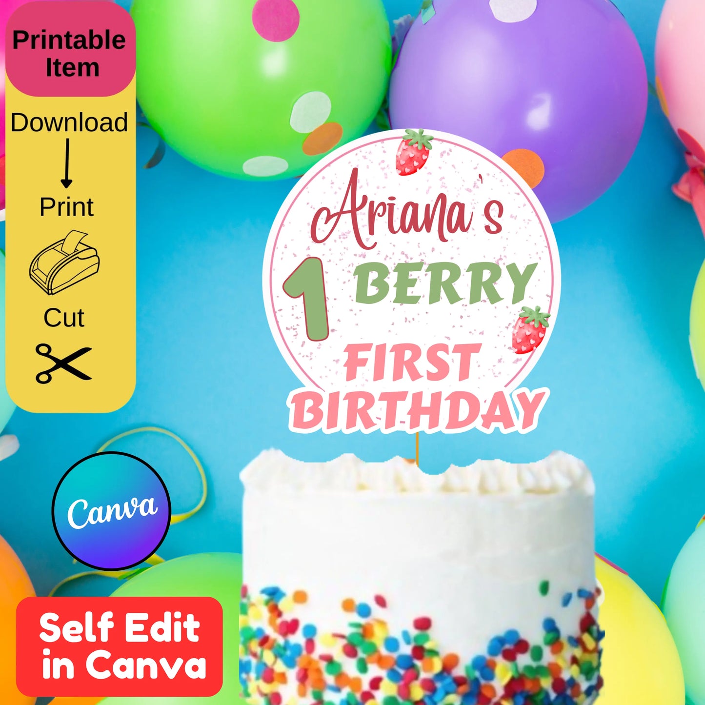 Berry First Birthday Cake Topper | Editable Strawberry 1st Birthday Decor | Printable Sweet One Smash Cake Topper | Instant Download Canva Template