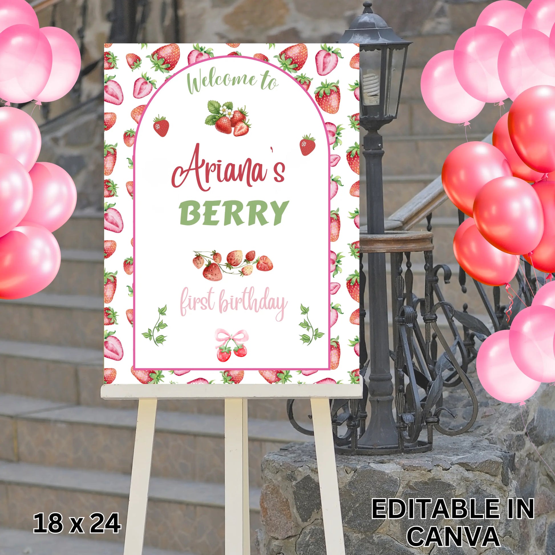 Editable Strawberry Welcome Sign, "Berry First" Birthday Decor, Watercolor Strawberry 1st Birthday Poster, DIY Instant Download