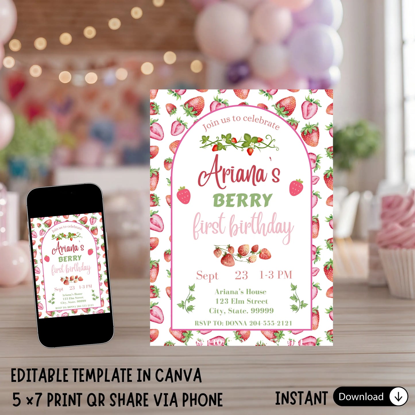 Berry First Birthday Invitation Template, Editable Strawberry 1st Birthday Invite for Girl, Sweet One Theme, Instant Download, Canva Template