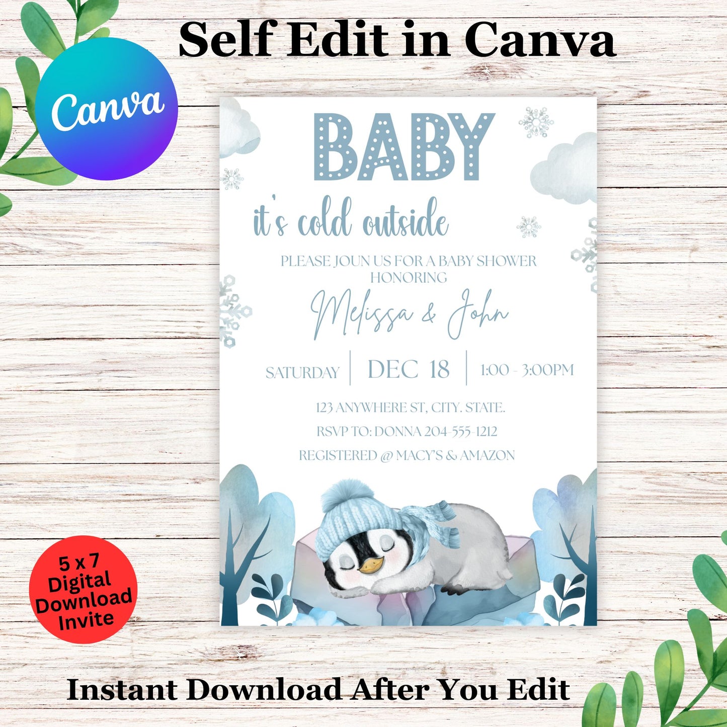 Winter Penguin Baby Shower Invitation Template, Blue Snowflake Boy Theme, "Baby It's Cold Outside", Editable Digital Download