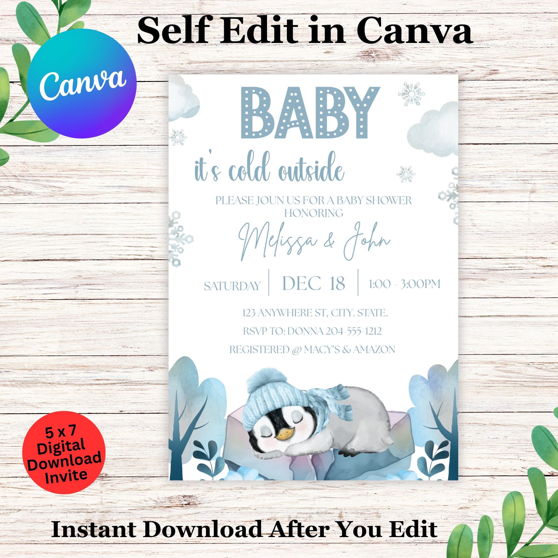 Winter Penguin Baby Shower Invitation Template, Blue Snowflake Boy Theme, "Baby It's Cold Outside", Editable Digital Download