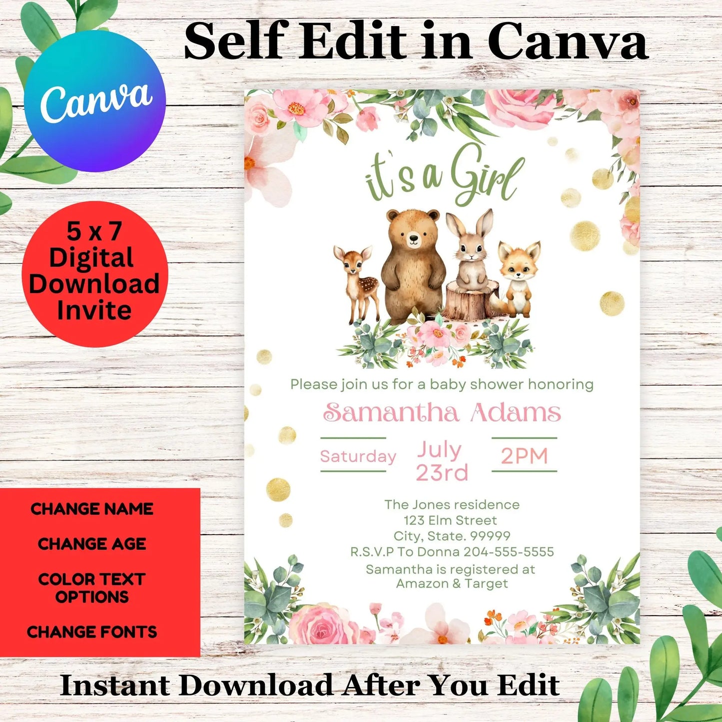 Girl Woodland Baby Shower, Pink Floral Woodland, Rustic Wood Invitation, Editable Woodland Invite, Forest Animals Baby Shower