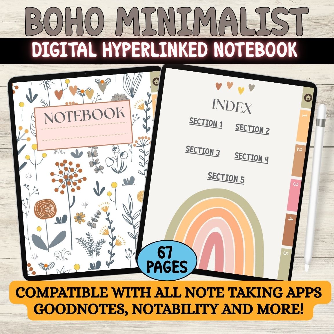 Boho Aesthetic Digital Notebook | GoodNotes Notability iPad Planner | Hyperlinked Digital Journal | Earthy Tone Botanical Notes Template