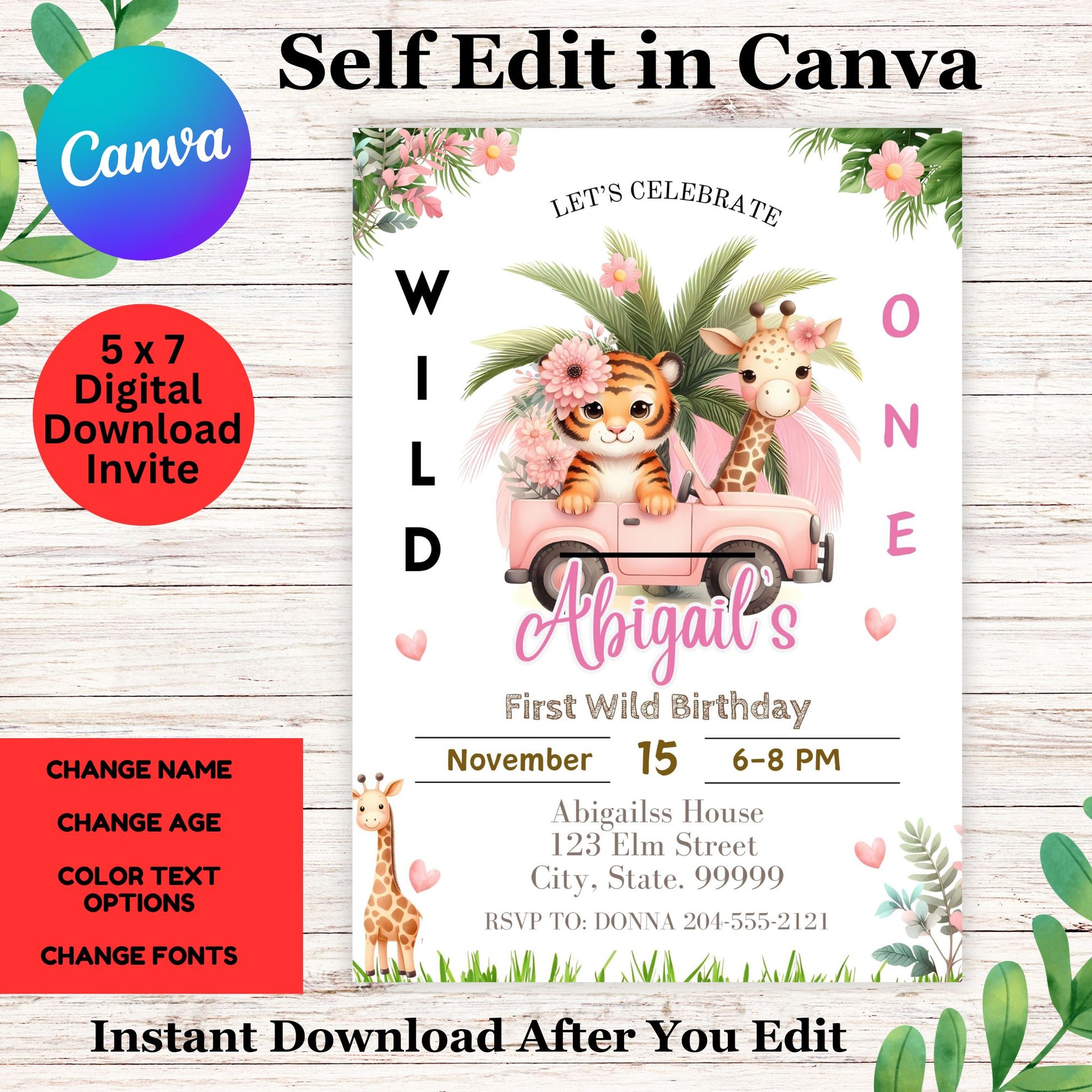 Editable "Wild One" Birthday Girl Invitation Template, Pink Safari Animals Jungle 1st Birthday Invite, Instant Digital Download, Printable Party Animals Theme