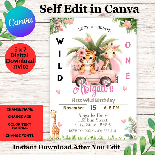 Editable "Wild One" Birthday Girl Invitation Template, Pink Safari Animals Jungle 1st Birthday Invite, Instant Digital Download, Printable Party Animals Theme