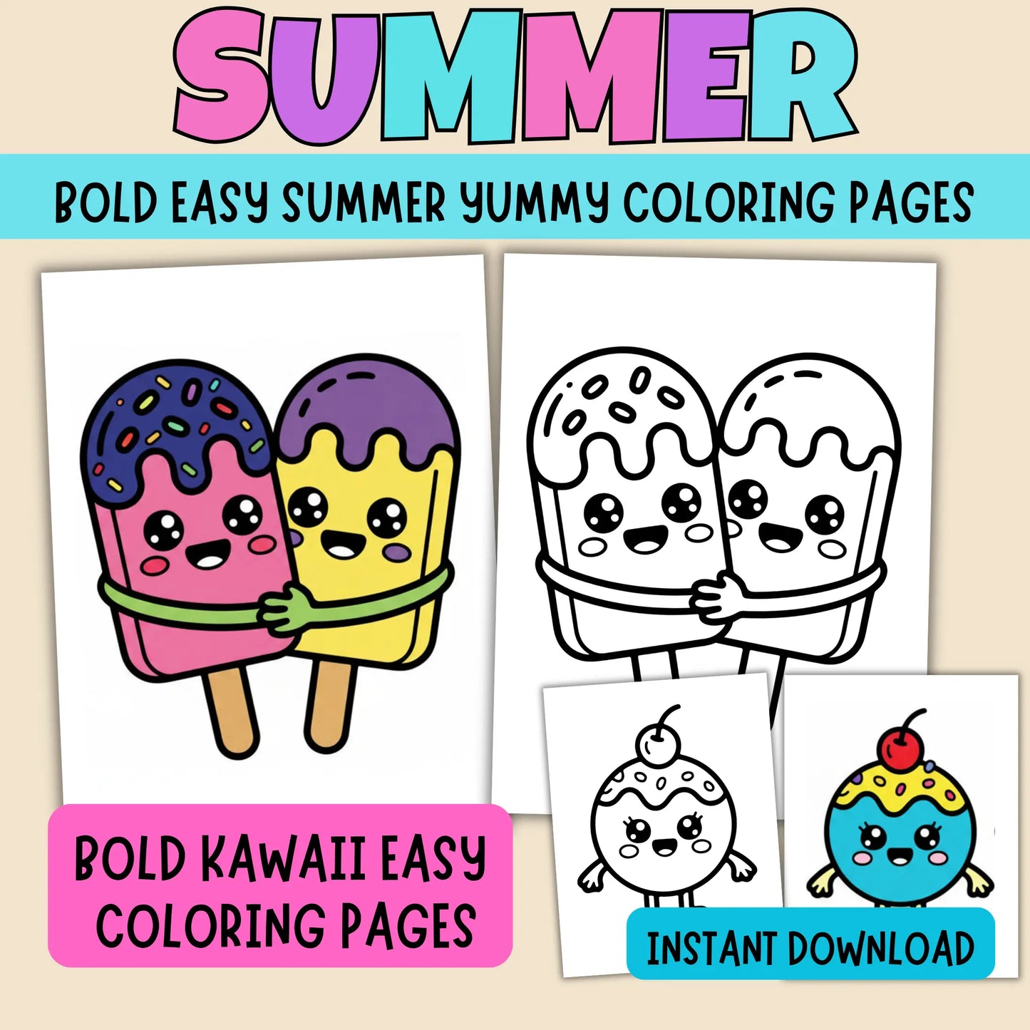 Collection of simple Kawaii summer food coloring sheets including ice cream cones, watermelons, and cute summer drinks.