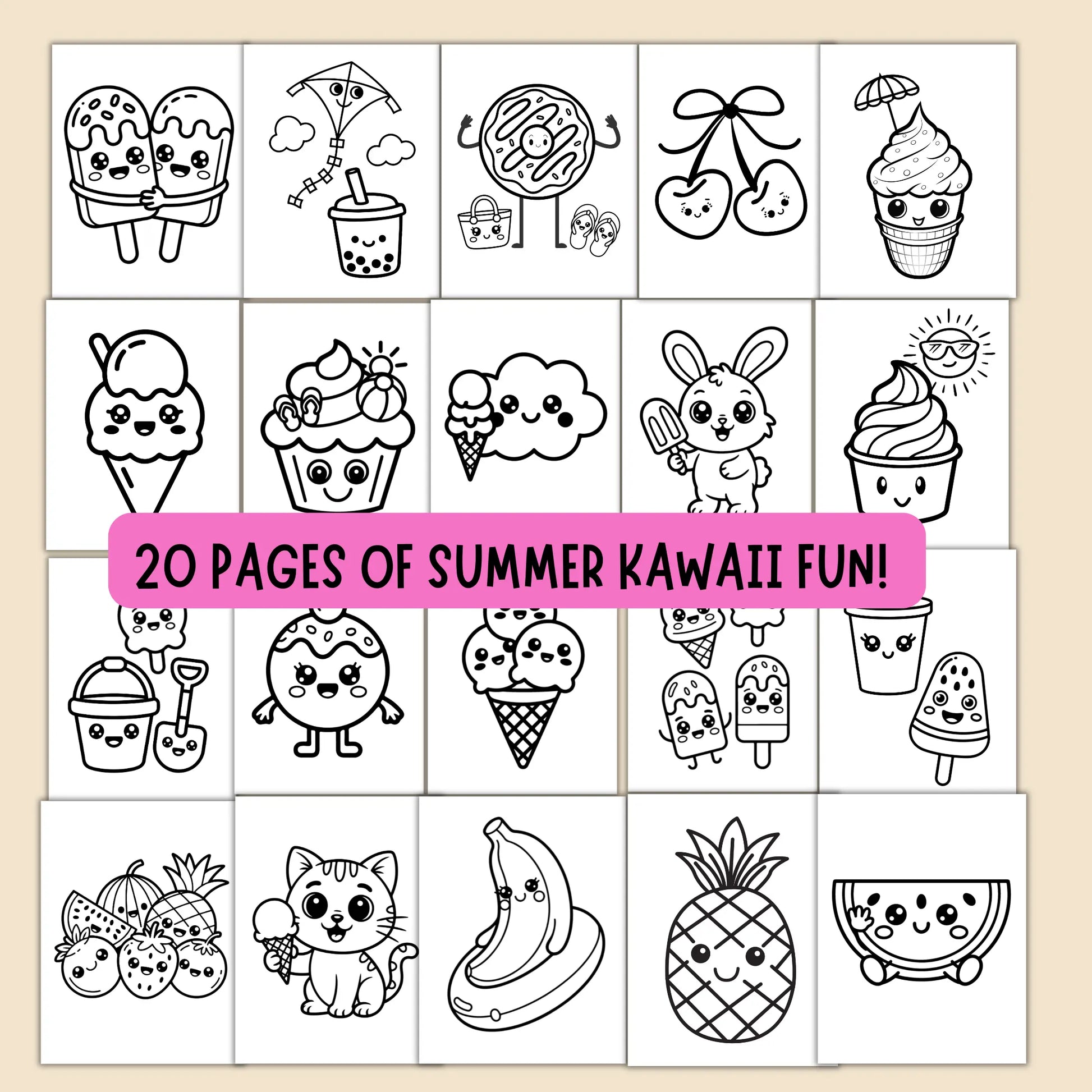 Collection of black and white kawaii-style illustrations on a beige background with text '20 Pages of Summer Kawaii Fun!'.