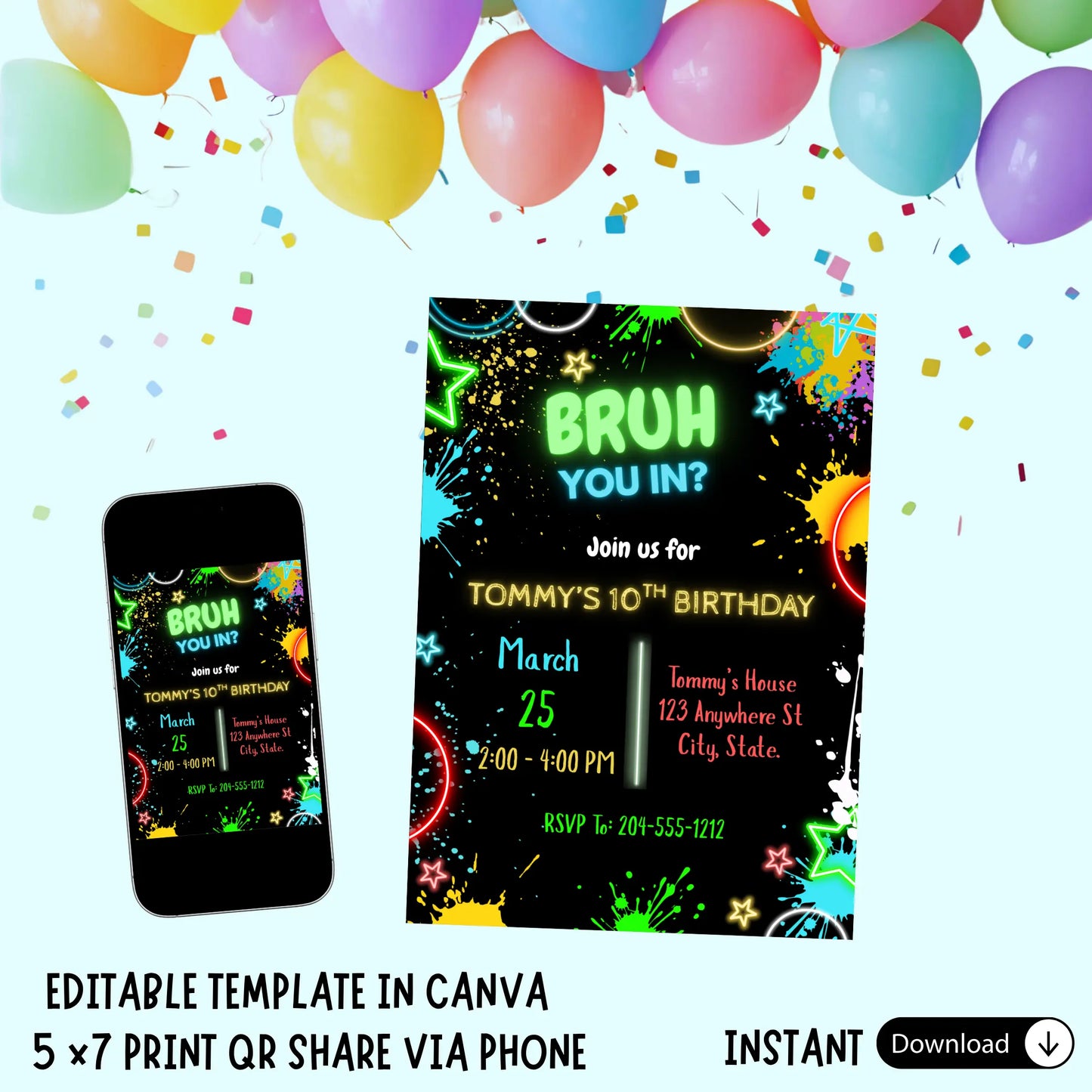  Editable Bruh Birthday Invitation, BRUH YOU IN? Neon Gamer Birthday Invitation, Teen Boy Party Invite, Neon Graffiti Gamer Theme, Canva Template