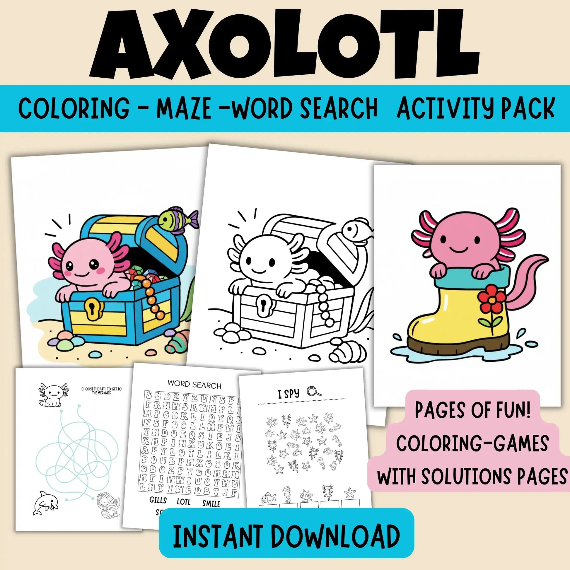 Axolotl Fun Pack: Printable Coloring Pages & Activities for Kids (Digital Download) Girly Girl Tutus